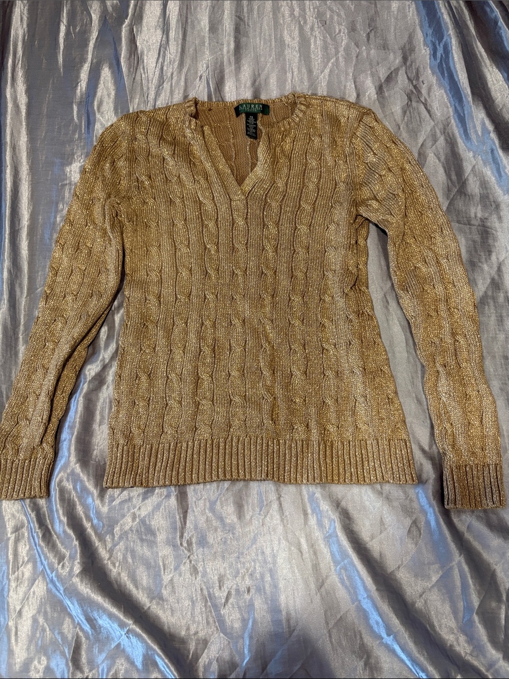 Ralph Lauren Metallic Gold Cable‑Knit V‑Neck Sweater